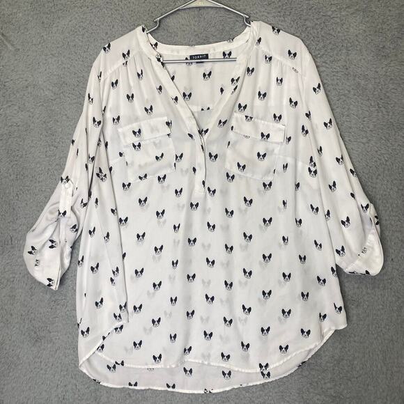 Torrid womens 1 button up sheer roll tab sleeve puppy geometric lightweight - Picture 1 of 10